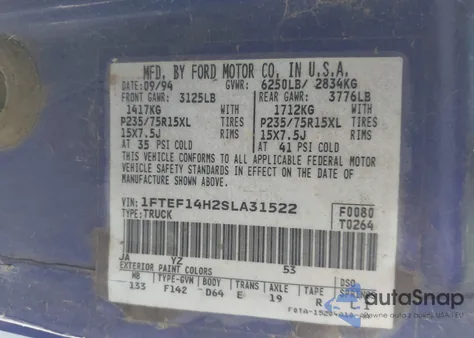 1995 Ford F150 from USA, damaged, VIN 1FTEF14H2SLA31522